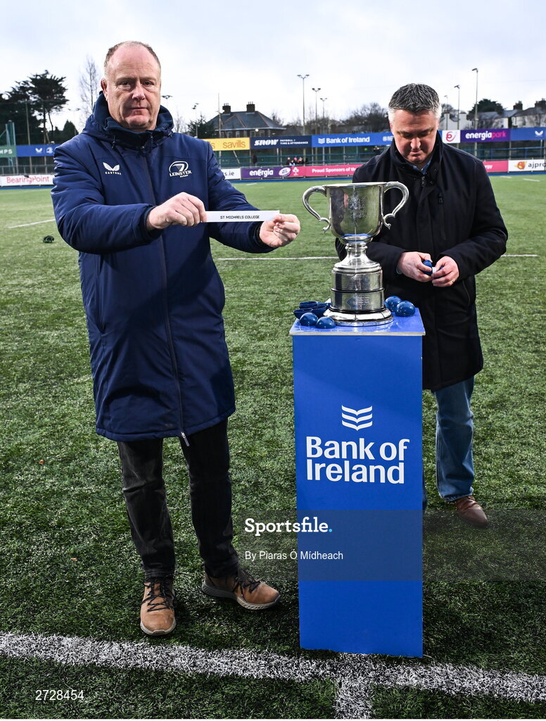 9 February 2024; Leinster head of rugby development Philip Lawlor, left, and Chair of Leinster Rugby Committee Karl O'Neill during the Bank of Ireland Leinster Schools Junior Cup Second Round Draw at Energia Park in Dublin. Photo by Piaras Ó Mídheach/Sportsfile