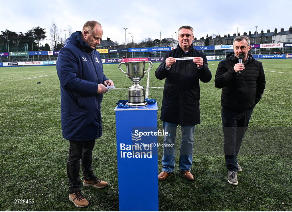 9 February 2024; Leinster head of rugby development Philip Lawlor, left, with Chair of Leinster Rugby Committee Karl O'Neill, centre, and Chair of Leinster Schools Committee Conor Montayne during the Bank of Ireland Leinster Schools Junior Cup Second Round Draw at Energia Park in Dublin. Photo by Piaras Ó Mídheach/Sportsfile