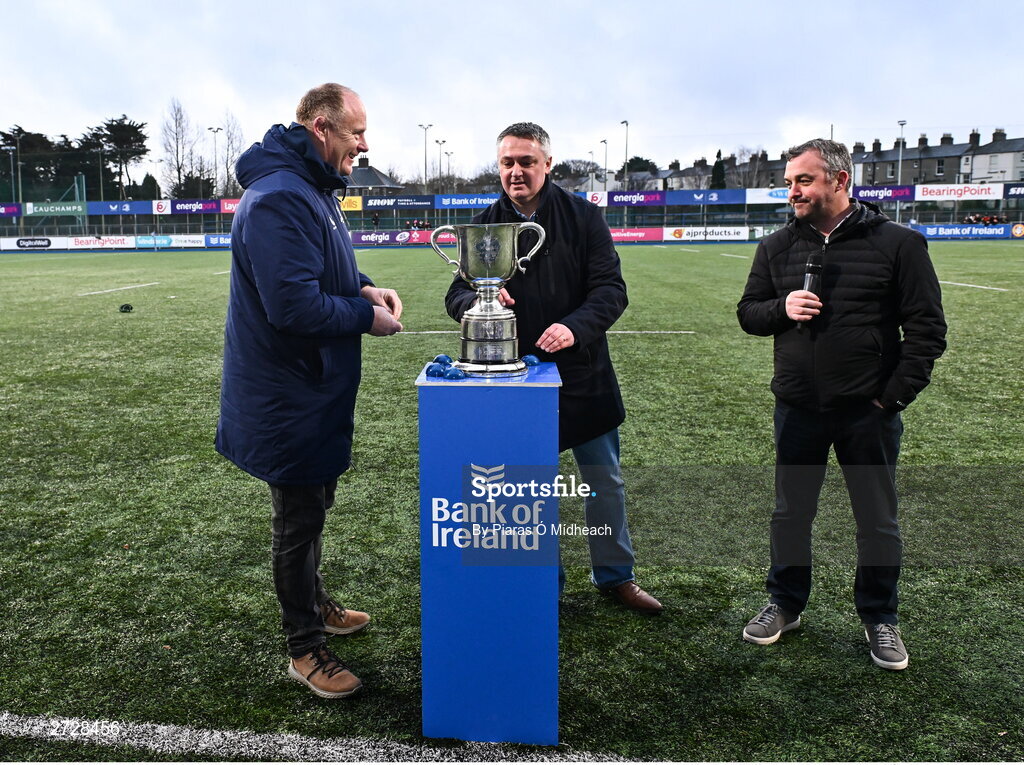 9 February 2024; Leinster head of rugby development Philip Lawlor, left, with Chair of Leinster Rugby Committee Karl O'Neill, centre, and Chair of Leinster Schools Committee Conor Montayne during the Bank of Ireland Leinster Schools Junior Cup Second Round Draw at Energia Park in Dublin. Photo by Piaras Ó Mídheach/Sportsfile