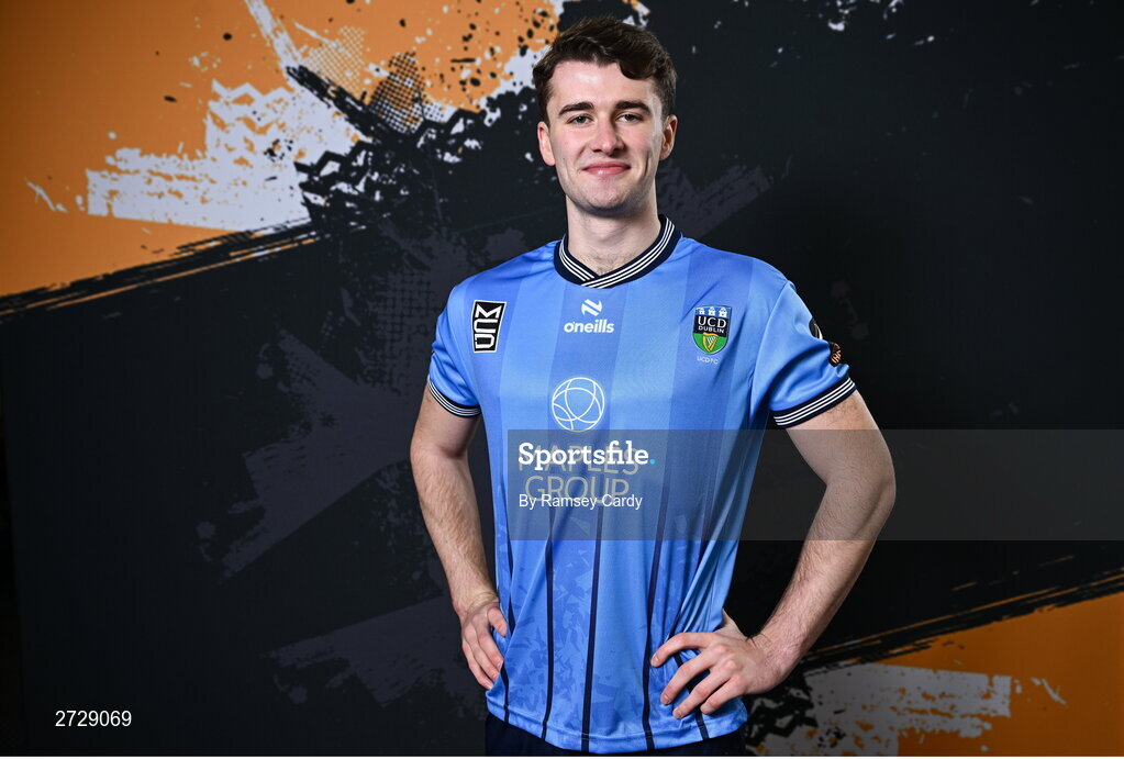 9 February 2024; Harvey O'Brien poses for a portrait during a UCD FC squad portraits session at UCD Bowl in Dublin. Photo by Ramsey Cardy/Sportsfile