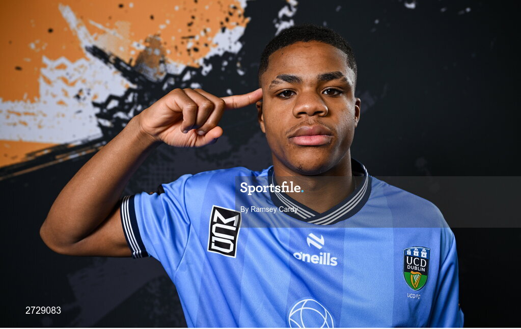 9 February 2024; Matthew Alonge poses for a portrait during a UCD FC squad portraits session at UCD Bowl in Dublin. Photo by Ramsey Cardy/Sportsfile