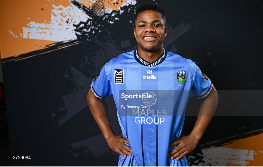 9 February 2024; Matthew Alonge poses for a portrait during a UCD FC squad portraits session at UCD Bowl in Dublin. Photo by Ramsey Cardy/Sportsfile