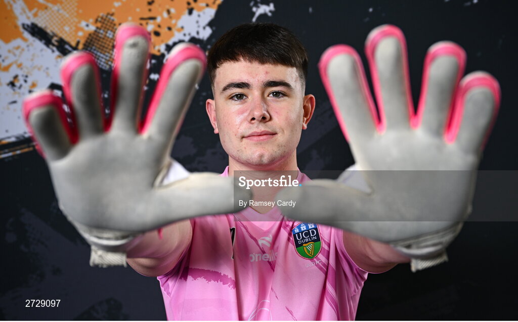 9 February 2024; Goalkeeper Dara Kavanagh poses for a portrait during a UCD FC squad portraits session at UCD Bowl in Dublin. Photo by Ramsey Cardy/Sportsfile