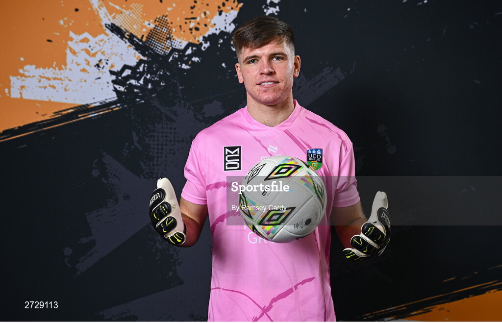 9 February 2024; Goalkeeper Kian Moore poses for a portrait during a UCD FC squad portraits session at UCD Bowl in Dublin. Photo by Ramsey Cardy/Sportsfile