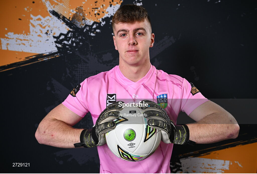 9 February 2024; Goalkeeper Fintan Agnew poses for a portrait during a UCD FC squad portraits session at UCD Bowl in Dublin. Photo by Ramsey Cardy/Sportsfile