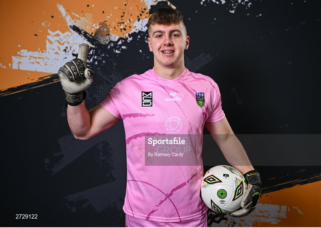 9 February 2024; Goalkeeper Fintan Agnew poses for a portrait during a UCD FC squad portraits session at UCD Bowl in Dublin. Photo by Ramsey Cardy/Sportsfile