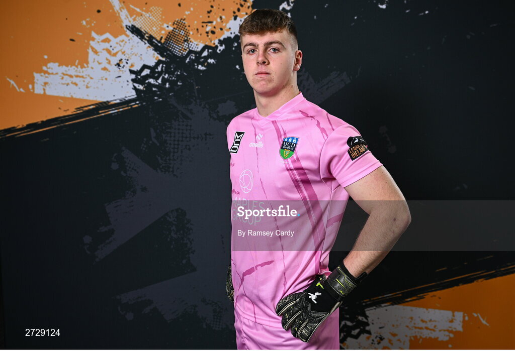 9 February 2024; Goalkeeper Fintan Agnew poses for a portrait during a UCD FC squad portraits session at UCD Bowl in Dublin. Photo by Ramsey Cardy/Sportsfile