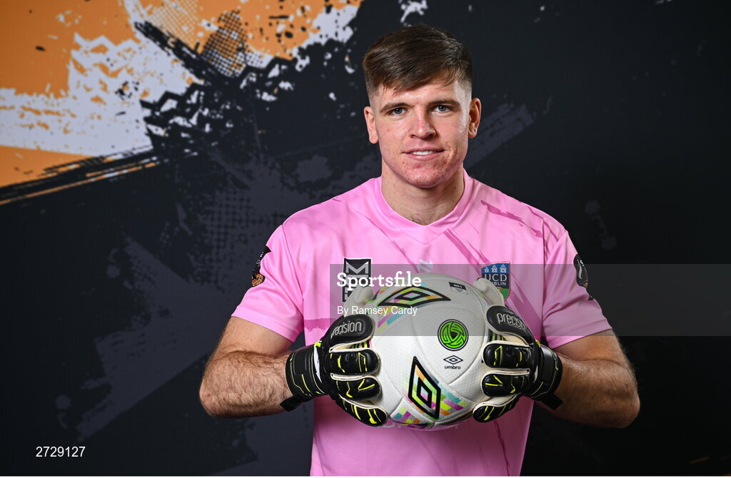 9 February 2024; Goalkeeper Kian Moore poses for a portrait during a UCD FC squad portraits session at UCD Bowl in Dublin. Photo by Ramsey Cardy/Sportsfile