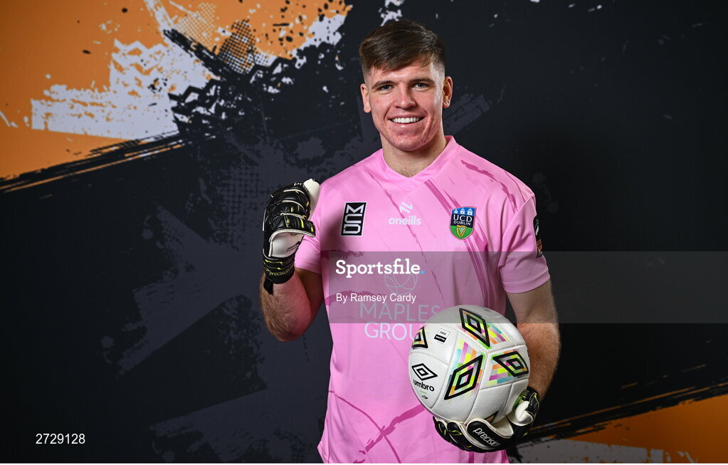 9 February 2024; Goalkeeper Kian Moore poses for a portrait during a UCD FC squad portraits session at UCD Bowl in Dublin. Photo by Ramsey Cardy/Sportsfile