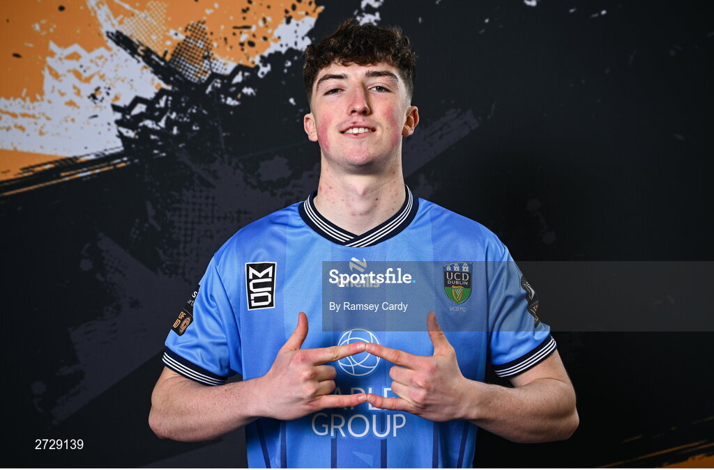 9 February 2024; Mikey Raggett poses for a portrait during a UCD FC squad portraits session at UCD Bowl in Dublin. Photo by Ramsey Cardy/Sportsfile