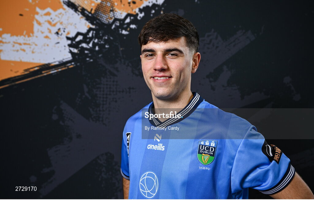 9 February 2024; Mikey McCullagh poses for a portrait during a UCD FC squad portraits session at UCD Bowl in Dublin. Photo by Ramsey Cardy/Sportsfile