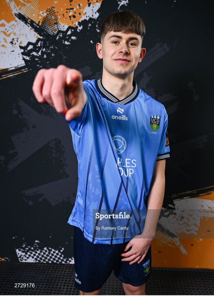 9 February 2024; Luke O'Regan poses for a portrait during a UCD FC squad portraits session at UCD Bowl in Dublin. Photo by Ramsey Cardy/Sportsfile