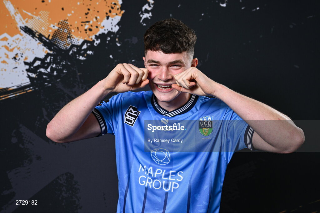 9 February 2024; Harry Curtis poses for a portrait during a UCD FC squad portraits session at UCD Bowl in Dublin. Photo by Ramsey Cardy/Sportsfile