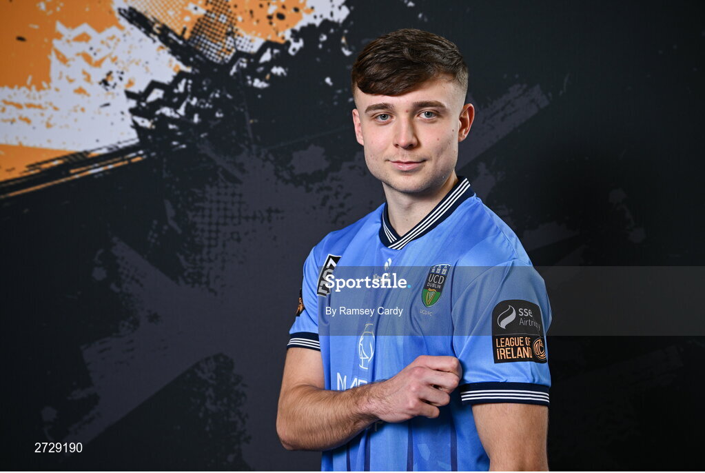 9 February 2024; Adam Wells poses for a portrait during a UCD FC squad portraits session at UCD Bowl in Dublin. Photo by Ramsey Cardy/Sportsfile