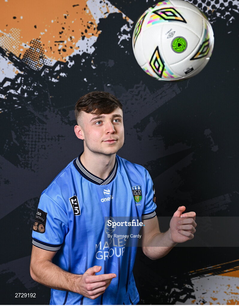 9 February 2024; Adam Wells poses for a portrait during a UCD FC squad portraits session at UCD Bowl in Dublin. Photo by Ramsey Cardy/Sportsfile