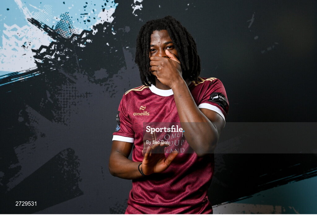 9 February 2024; Al-Amin Kazeem during a Galway United FC squad portraits session at The Galmont Hotel in Galway. Photo by Seb Daly/Sportsfile