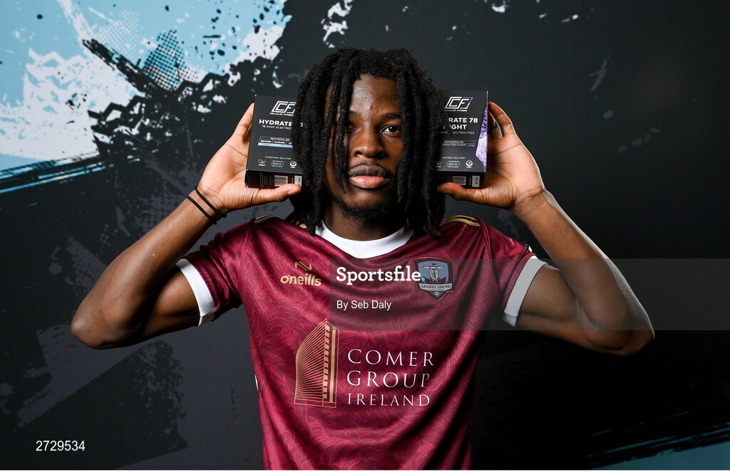 9 February 2024; Al-Amin Kazeem during a Galway United FC squad portraits session at The Galmont Hotel in Galway. Photo by Seb Daly/Sportsfile