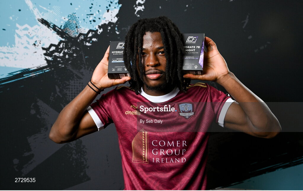 9 February 2024; Al-Amin Kazeem during a Galway United FC squad portraits session at The Galmont Hotel in Galway. Photo by Seb Daly/Sportsfile