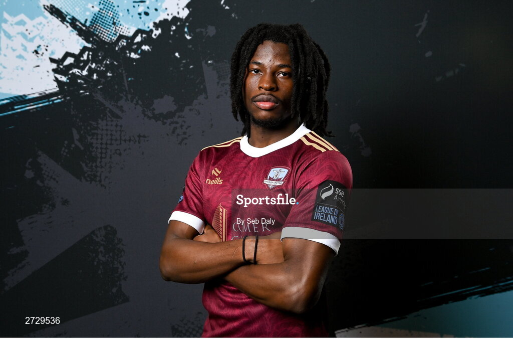 9 February 2024; Al-Amin Kazeem during a Galway United FC squad portraits session at The Galmont Hotel in Galway. Photo by Seb Daly/Sportsfile