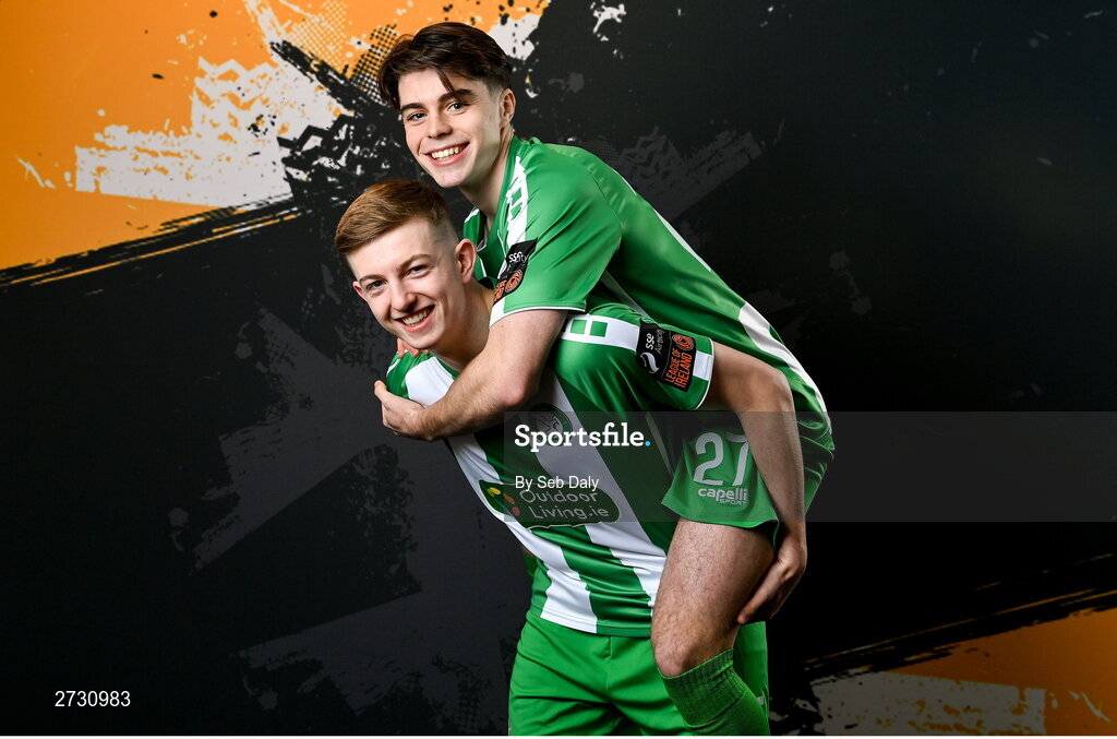 10 February 2024; Zach Nolan, left, and Josh McGlone during a Bray Wanderers FC squad portraits session at the Carlisle Grounds in Bray, Wicklow. Photo by Seb Daly/Sportsfile