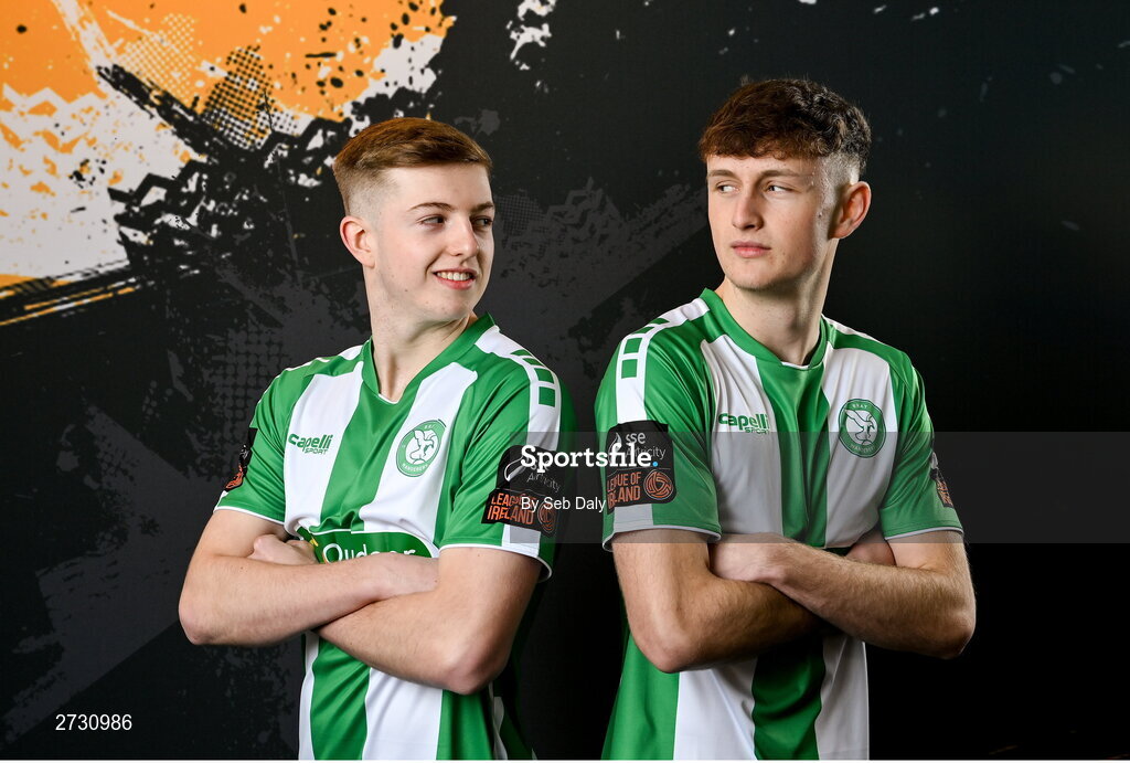 10 February 2024; Zach Nolan, left, and Freddie Turley during a Bray Wanderers FC squad portraits session at the Carlisle Grounds in Bray, Wicklow. Photo by Seb Daly/Sportsfile