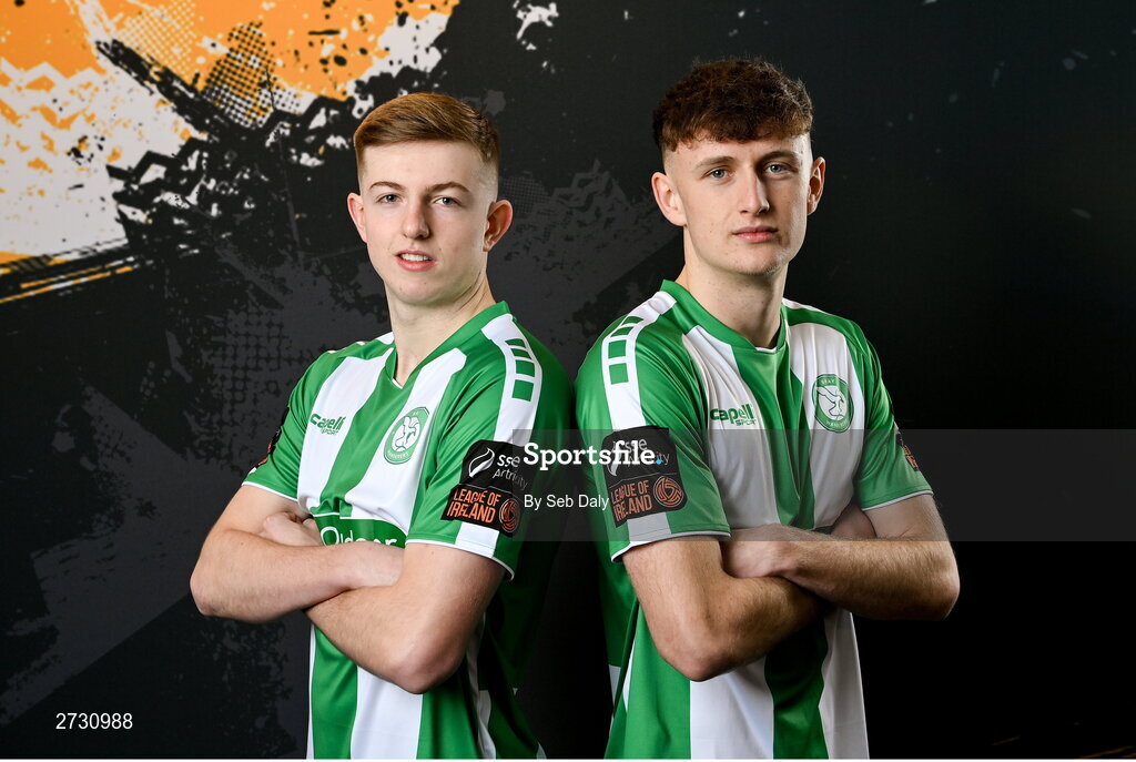 10 February 2024; Zach Nolan, left, and Freddie Turley during a Bray Wanderers FC squad portraits session at the Carlisle Grounds in Bray, Wicklow. Photo by Seb Daly/Sportsfile