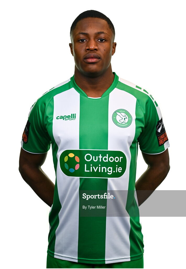 10 February 2024; Daniel Chukwu poses for a portrait during a Bray Wanderers FC squad portraits session at Carlisle Grounds in Bray, Wicklow. Photo by Tyler Miller/Sportsfile