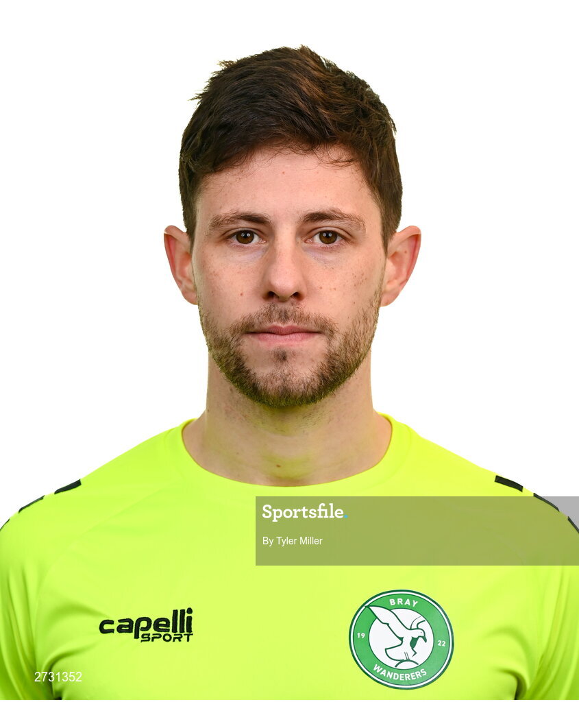 10 February 2024; Goalkeeper Stephen McGuinness poses for a portrait during a Bray Wanderers FC squad portraits session at Carlisle Grounds in Bray, Wicklow. Photo by Tyler Miller/Sportsfile