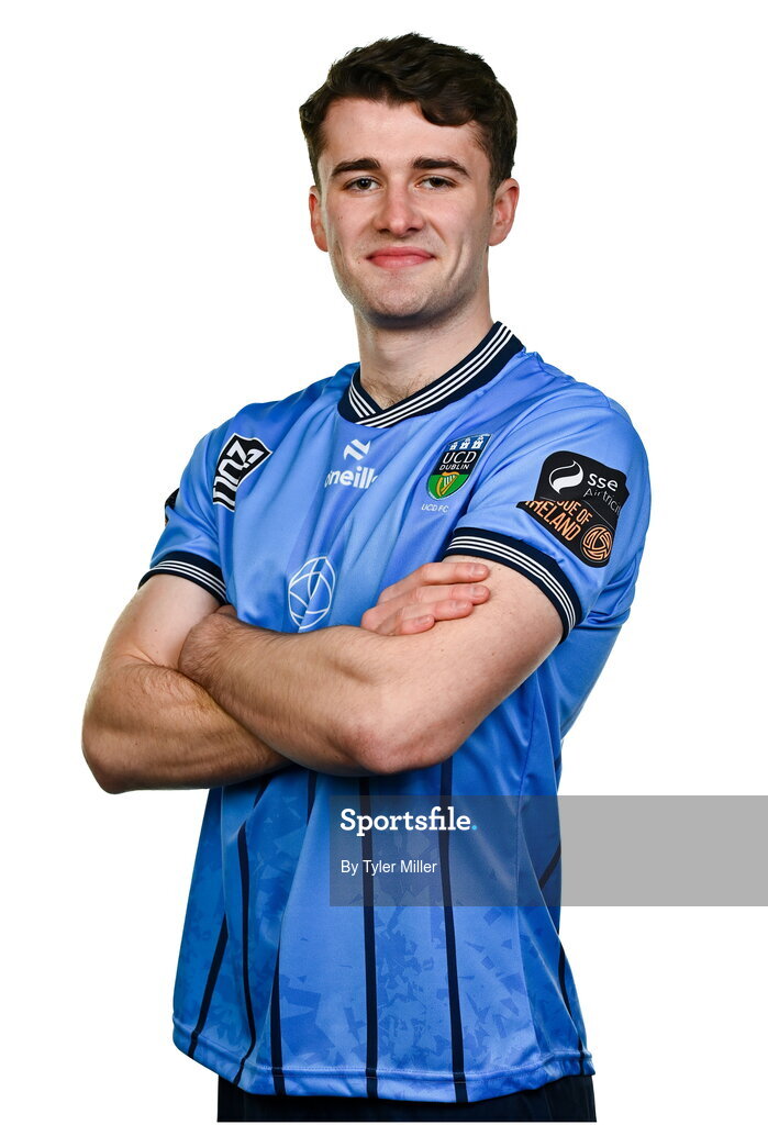 9 February 2024; Harvey O'Brien poses for a portrait during a UCD FC squad portraits session at UCD Bowl in Belfield, Dublin. Photo by Tyler Miller/Sportsfile