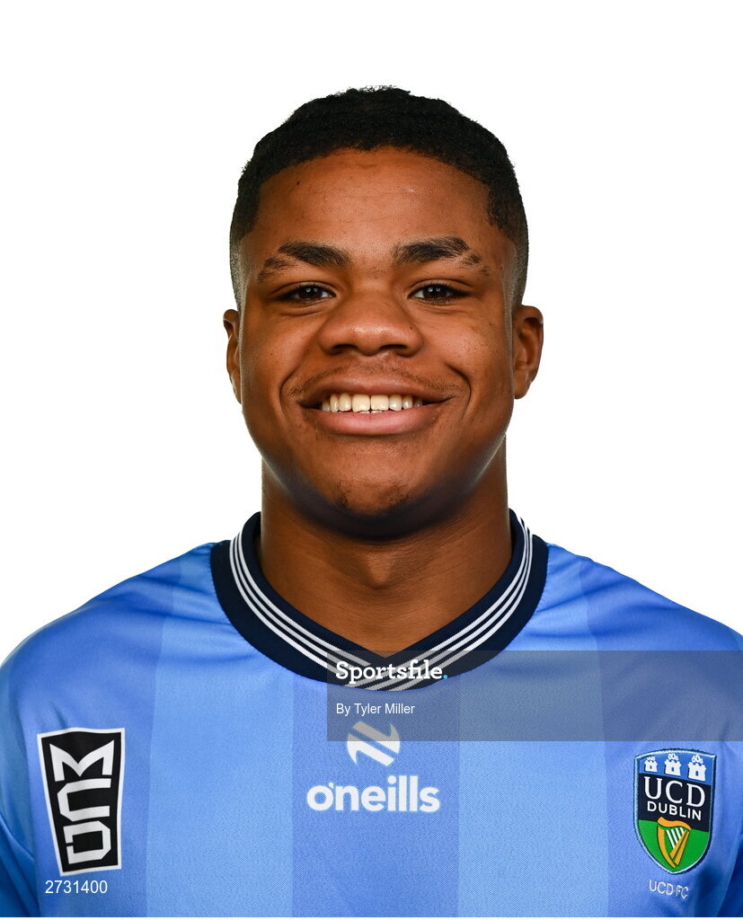 9 February 2024; Matthew Alonge poses for a portrait during a UCD FC squad portraits session at UCD Bowl in Belfield, Dublin. Photo by Tyler Miller/Sportsfile