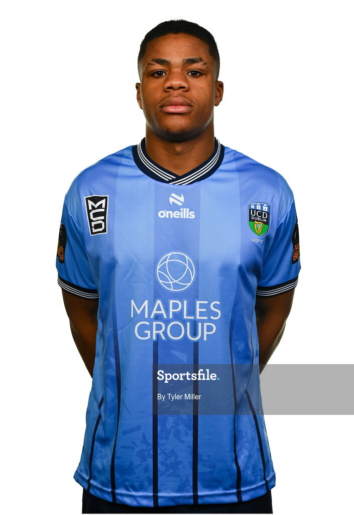 9 February 2024; Matthew Alonge poses for a portrait during a UCD FC squad portraits session at UCD Bowl in Belfield, Dublin. Photo by Tyler Miller/Sportsfile