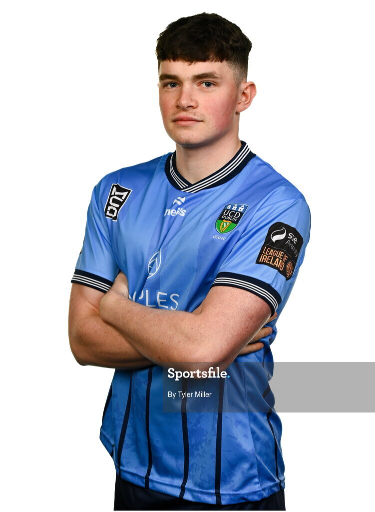 9 February 2024; Harry Curtis poses for a portrait during a UCD FC squad portraits session at UCD Bowl in Belfield, Dublin. Photo by Tyler Miller/Sportsfile