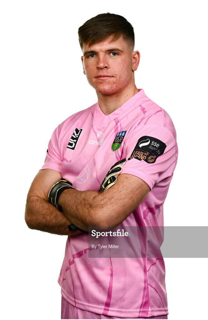 9 February 2024; Goalkeeper Kian Moore poses for a portrait during a UCD FC squad portraits session at UCD Bowl in Belfield, Dublin. Photo by Tyler Miller/Sportsfile
