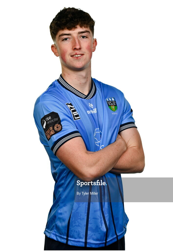 9 February 2024; Mikey Raggett poses for a portrait during a UCD FC squad portraits session at UCD Bowl in Belfield, Dublin. Photo by Tyler Miller/Sportsfile