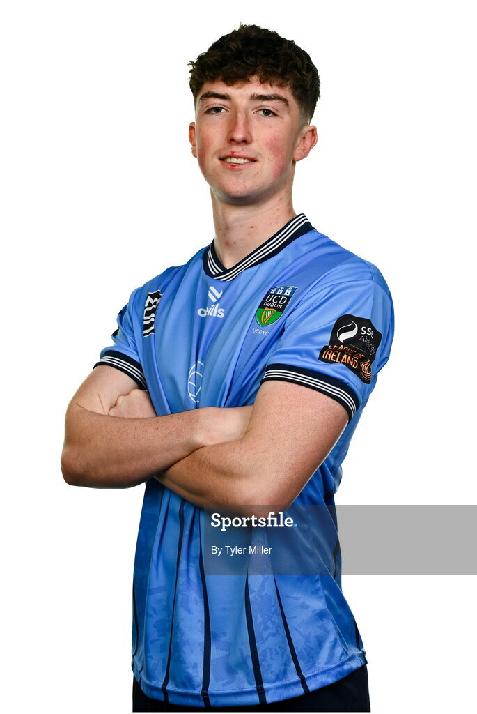 9 February 2024; Mikey Raggett poses for a portrait during a UCD FC squad portraits session at UCD Bowl in Belfield, Dublin. Photo by Tyler Miller/Sportsfile