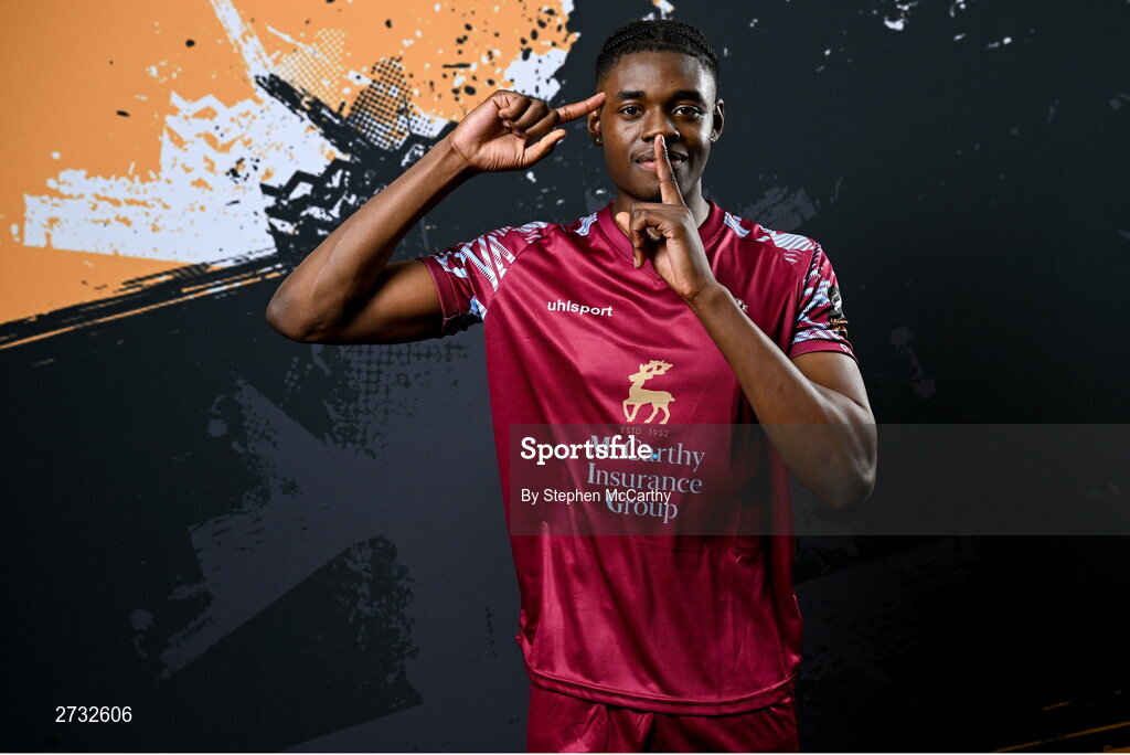 12 February 2024; Justin Eguaibor poses for a portrait during a Cobh Ramblers FC squad portraits session at St Coleman's Park in Cobh, Cork. Photo by Stephen McCarthy/Sportsfile