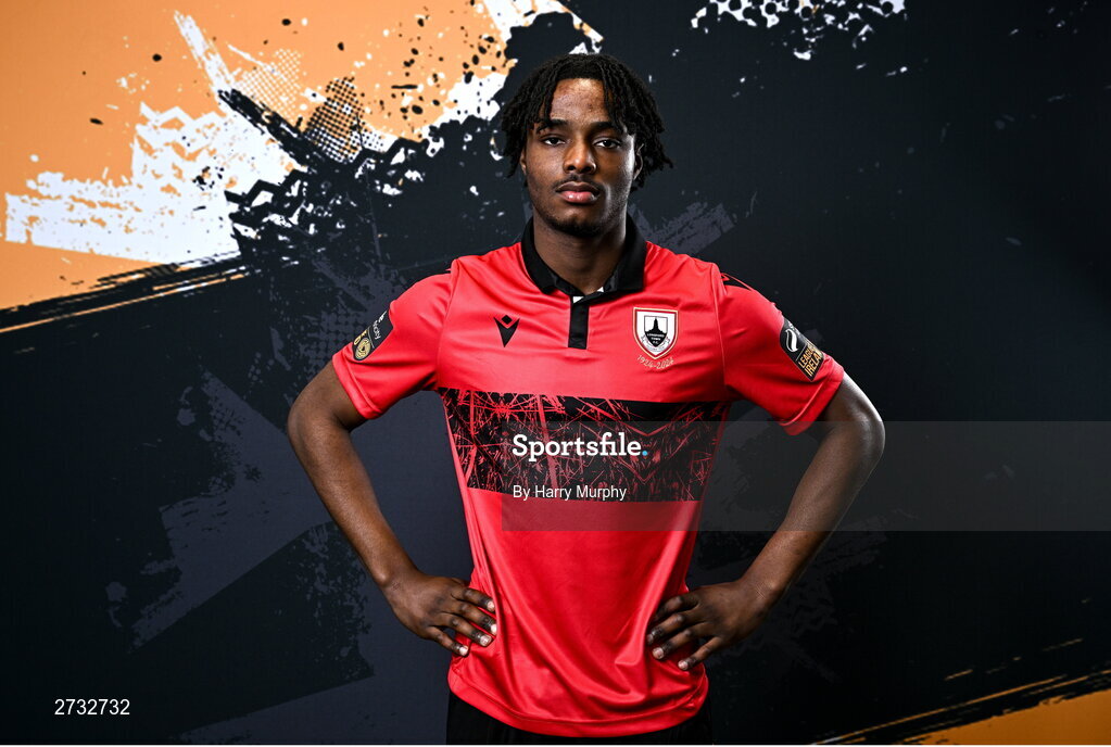 13 February 2024; Emmanuel James poses for a portrait during a Longford Town FC squad portraits session at John Hyland Park in Baldonnell, Dublin. Photo by Harry Murphy/Sportsfile