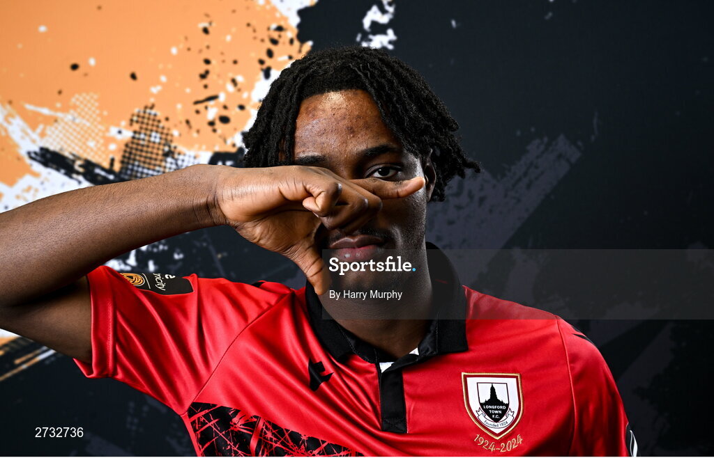 13 February 2024; Emmanuel James poses for a portrait during a Longford Town FC squad portraits session at John Hyland Park in Baldonnell, Dublin. Photo by Harry Murphy/Sportsfile