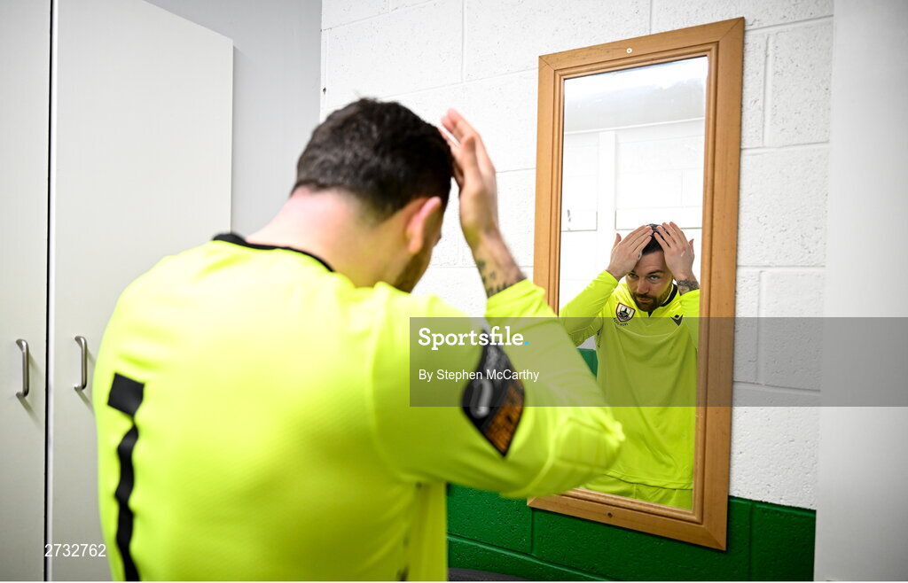 13 February 2024; Goalkeeper Jack Brady prepares for his portrait during a Longford Town FC squad portraits session at John Hyland Park in Baldonnell, Dublin. Photo by Stephen McCarthy/Sportsfile