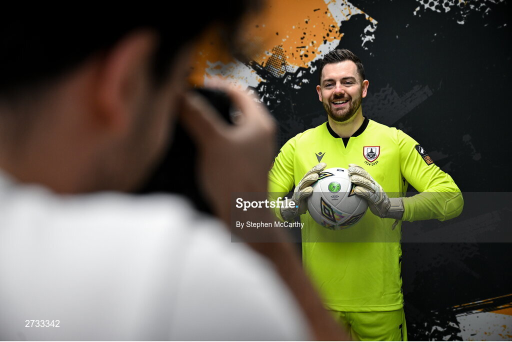 13 February 2024; Goalkeeper Jack Brady poses for Sportsfile photographer Harry Murphy during a Longford Town FC squad portraits session at John Hyland Park in Baldonnell, Dublin. Photo by Stephen McCarthy/Sportsfile