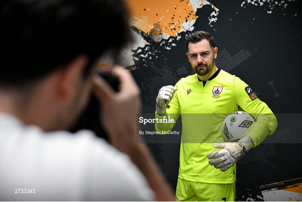 13 February 2024; Goalkeeper Jack Brady poses for Sportsfile photographer Harry Murphy during a Longford Town FC squad portraits session at John Hyland Park in Baldonnell, Dublin. Photo by Stephen McCarthy/Sportsfile