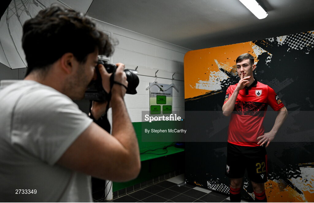 13 February 2024; Francis Campbell poses for Sportsfile photographer Harry Murphy during a Longford Town FC squad portraits session at John Hyland Park in Baldonnell, Dublin. Photo by Stephen McCarthy/Sportsfile