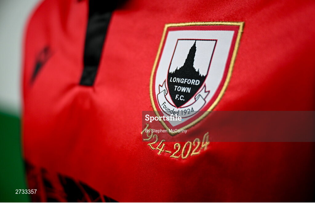 13 February 2024; A detailed view of the Longford Town centenary crest during a Longford Town FC squad portraits session at John Hyland Park in Baldonnell, Dublin. Photo by Stephen McCarthy/Sportsfile