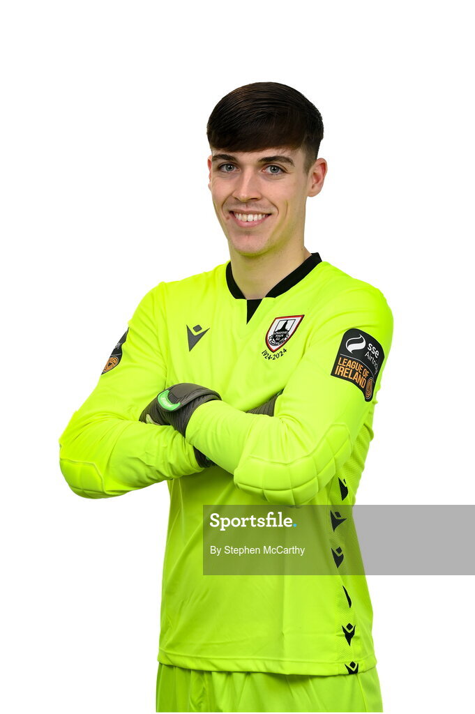 13 February 2024; Goalkeeper Jack McCarthy poses for a portrait during a Longford Town FC squad portraits session at John Hyland Park in Baldonnell, Dublin. Photo by Stephen McCarthy/Sportsfile