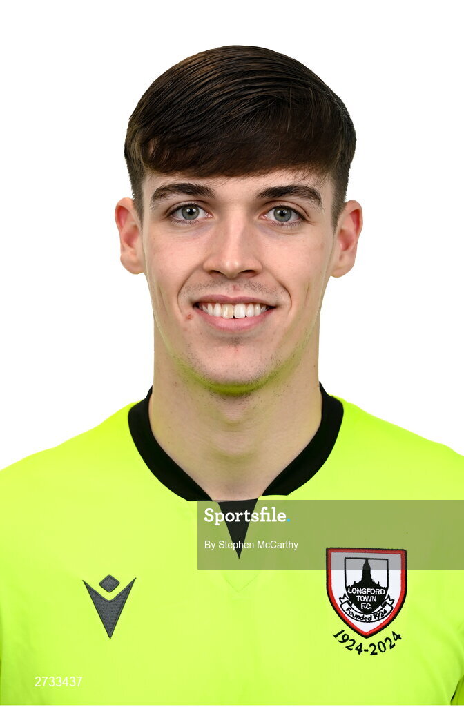 13 February 2024; Goalkeeper Jack McCarthy poses for a portrait during a Longford Town FC squad portraits session at John Hyland Park in Baldonnell, Dublin. Photo by Stephen McCarthy/Sportsfile