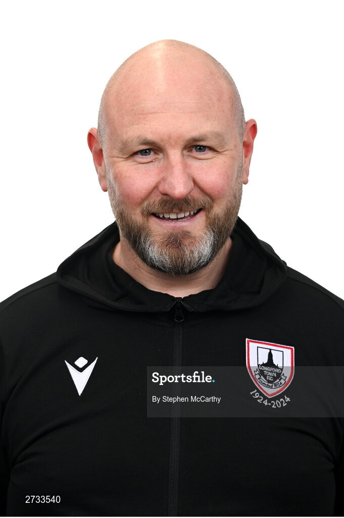 13 February 2024; First team coach Wayne Groves poses for a portrait during a Longford Town FC squad portraits session at John Hyland Park in Baldonnell, Dublin. Photo by Stephen McCarthy/Sportsfile