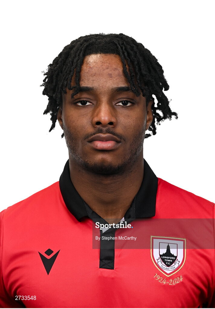 13 February 2024; Emmanuel James poses for a portrait during a Longford Town FC squad portraits session at John Hyland Park in Baldonnell, Dublin. Photo by Stephen McCarthy/Sportsfile