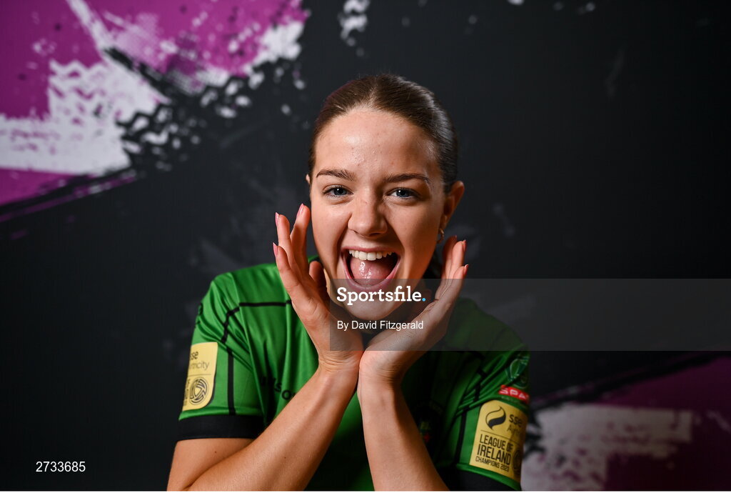 14 February 2024; Becky Watkins poses for a portrait during a Peamount United FC squad portraits at PRL Park in Greenogue, Dublin. Photo by David Fitzgerald/Sportsfile