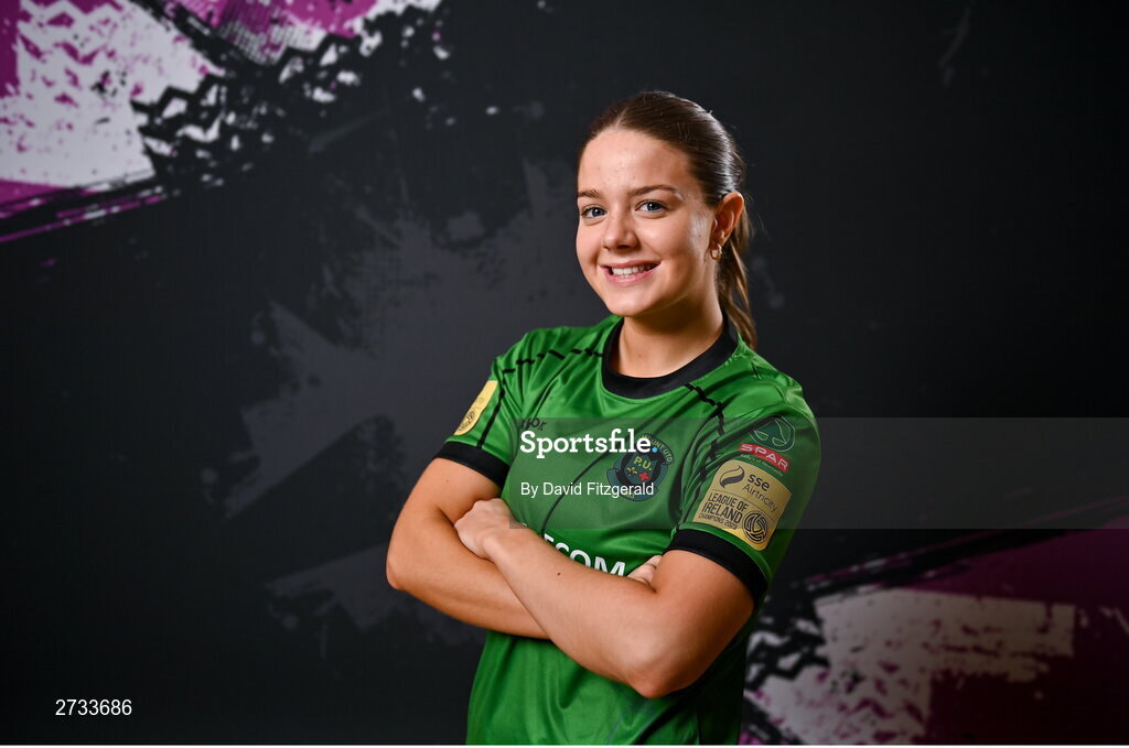 14 February 2024; Becky Watkins poses for a portrait during a Peamount United FC squad portraits at PRL Park in Greenogue, Dublin. Photo by David Fitzgerald/Sportsfile