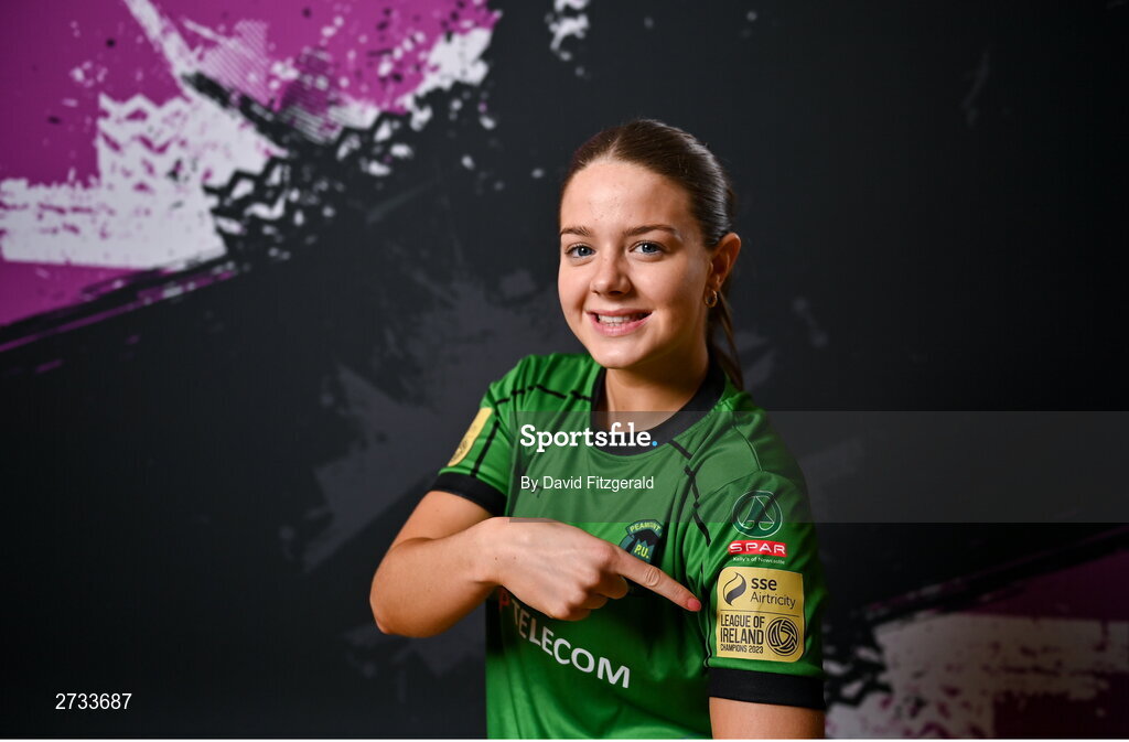14 February 2024; Becky Watkins poses for a portrait during a Peamount United FC squad portraits at PRL Park in Greenogue, Dublin. Photo by David Fitzgerald/Sportsfile
